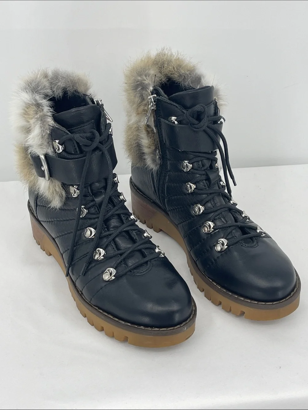 RUDSAK Women's Black Fur-Trim Lace-Up Hiking Boots SIZE 38 Buckle SIDE ZIP